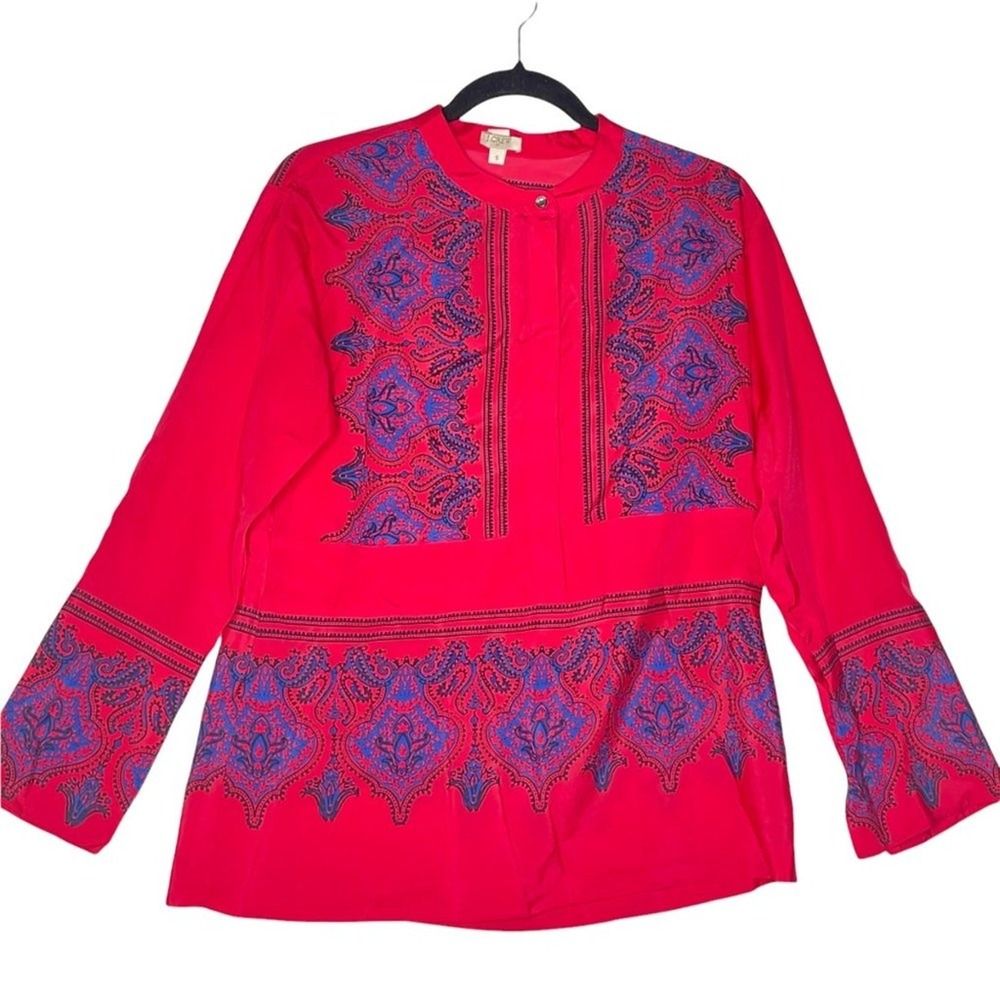 J.Crew Pink Paisley Border Print Band Collar Blouse Long Sleeve Size S